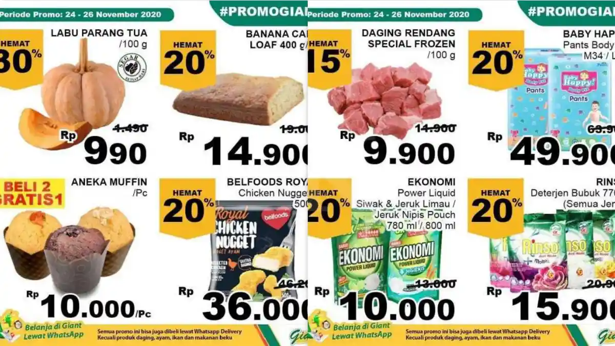 Promo Giant Weekday Hari Ini (25/11), Harga Hemat Daging Pencuci Piring Beras Detergen Gula Buah DLL