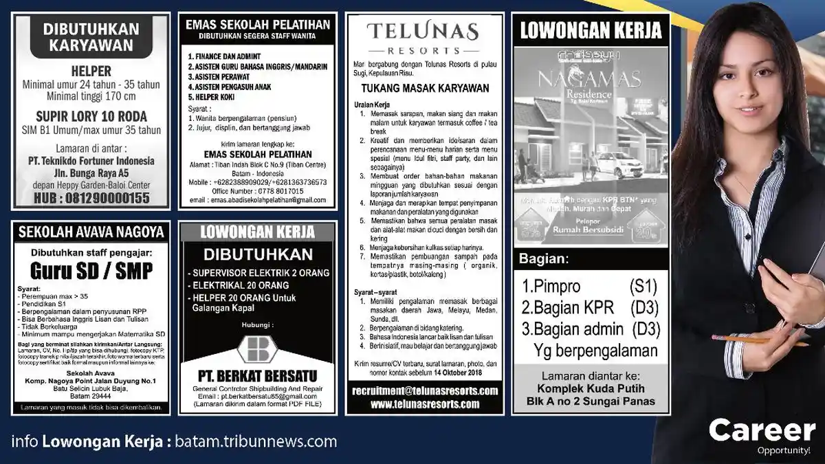 LOKER BATAM HARI INI - 6 Info Lowongan Kerja dengan Beragam Posisi, Yuk Cek Persyaratannya