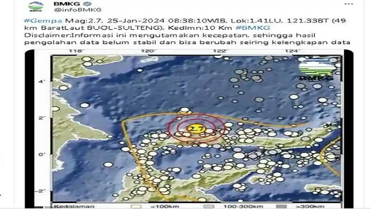 Kabar Gempa Hari Ini Kamis 25 Januari 2024: Getarkan Sulteng, 49 Km Barat Laut Buol