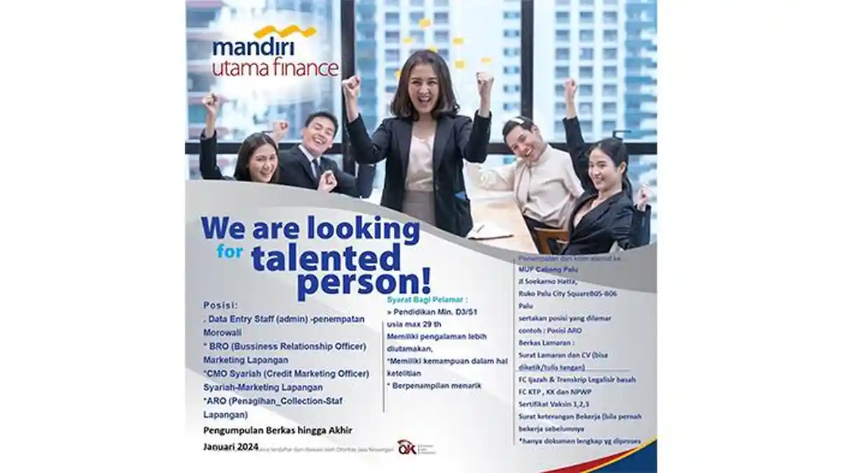 PT Mandiri Utama Finance Buka Lowongan Kerja untuk 4 Posisi, Cek Syarat dan Cara Daftarnya