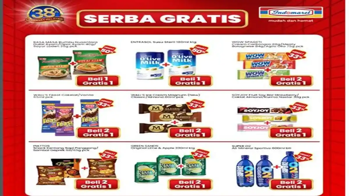 Promo Indomaret Serba Gratis Hingga Akhir Bulan Juni 2026 : Beli 2 Gratis 1 Wow Spageti, Super O2