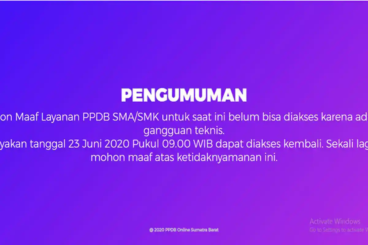 Laman ppdbsumbar2020.id Error, PPDB Online 2020 Dijadwalkan Bisa Diakses Lagi Pukul 09.00 WIB