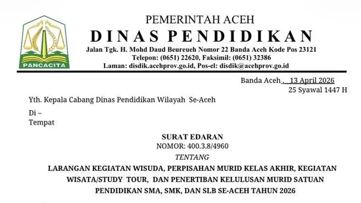 Disdik Aceh Resmi Terbitkan Surat Edaran Larangan Kegiatan Wisuda dan Study Tour
