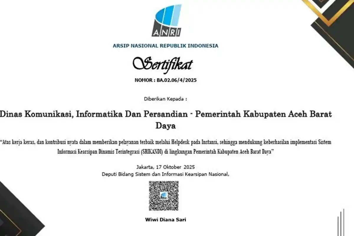 Berhasil Implementasikan SRIKANDI, Diskominsa Abdya Terima Penghargaan dari ANRI 