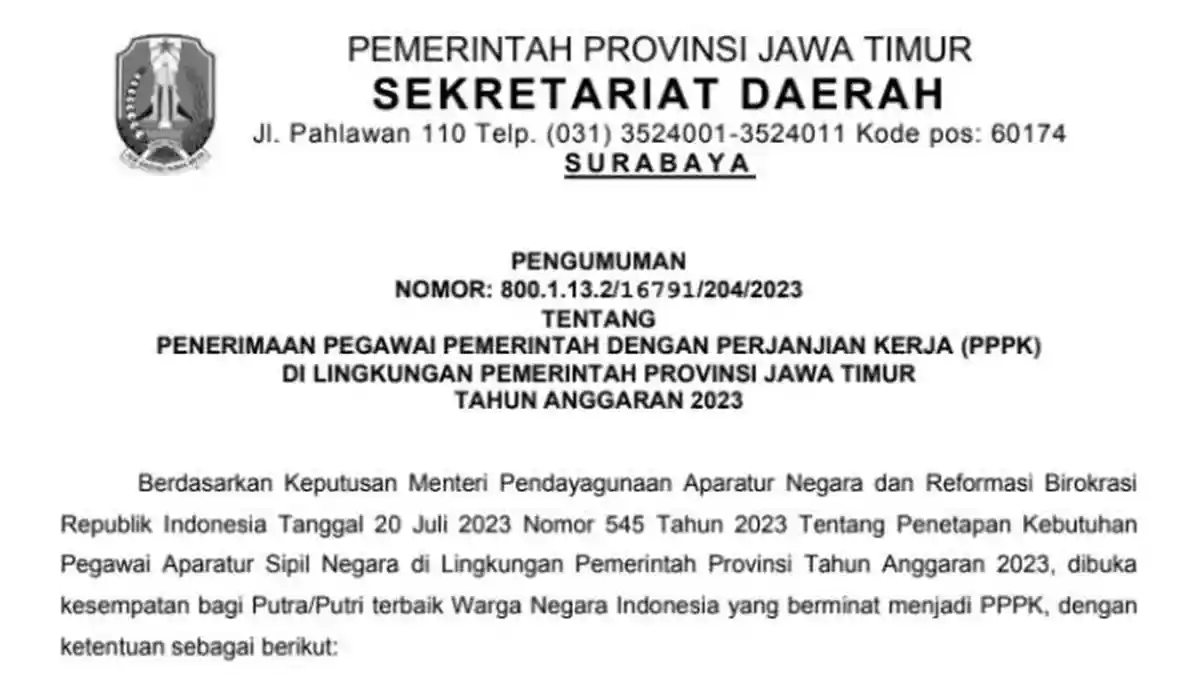 Pemprov Jatim Buka 7.744 Formasi PPPK 2023, Simak Ketentuan dan Syarat Daftarnya