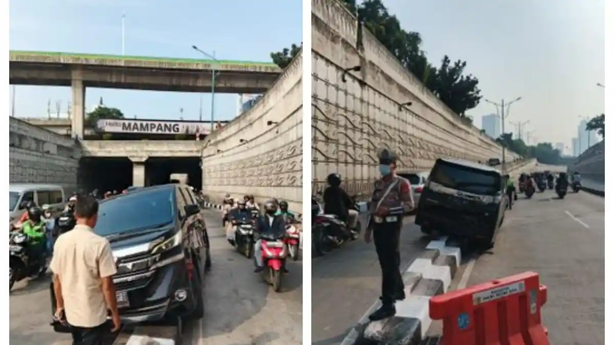 Kecelakaan Hari Ini di Mampang Prapatan, Mobil Tersangkut Pembatas Jalan, Lalu Lintas Tersendat