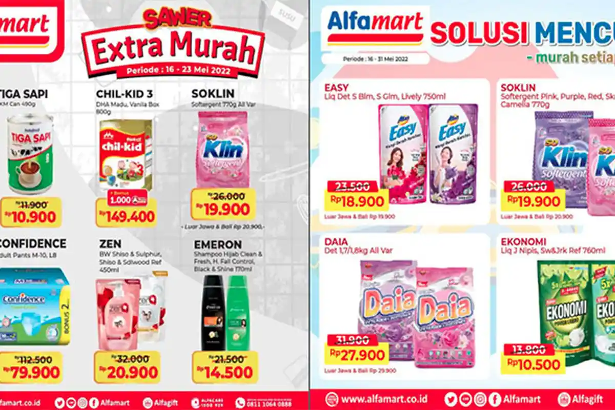 Promo Alfamart 23 Mei 2022, Sawer Extra Murah Deterjen Shampo Susu & Diskon Minuman Segar