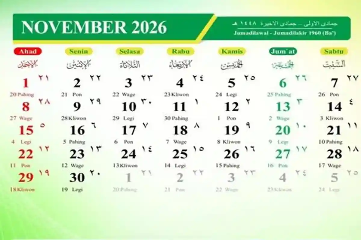Kalender November 2026 Beserta Penanggalan Weton Jawa dan Hijriyah, Apa Ada Tanggal Merah Bulan Ini?