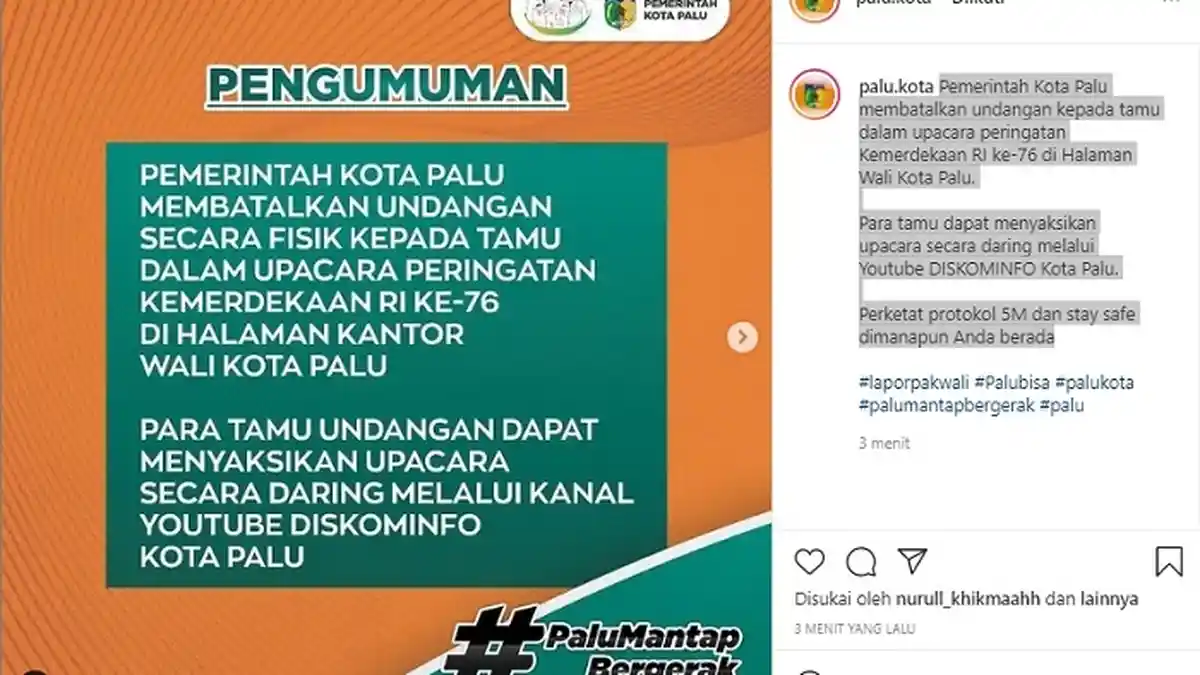 Pemkot Palu Batalkan Undangan Fisik Upacara Bendera HUT RI, Semua ASN Minta Daring