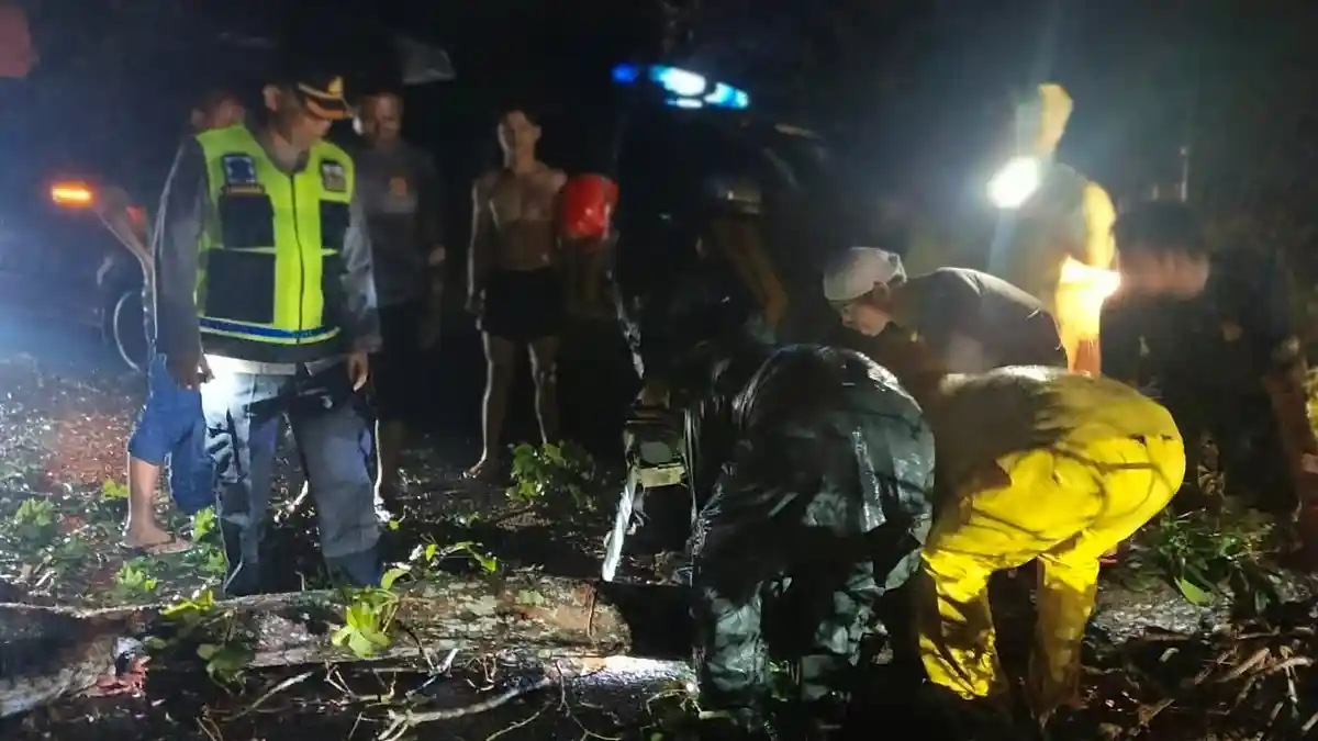 Reaksi Cepat Polsek Tanah Jawa, Tengah Malam Evakuasi Pohon Tumbang di Bukit Kembar Simalungun