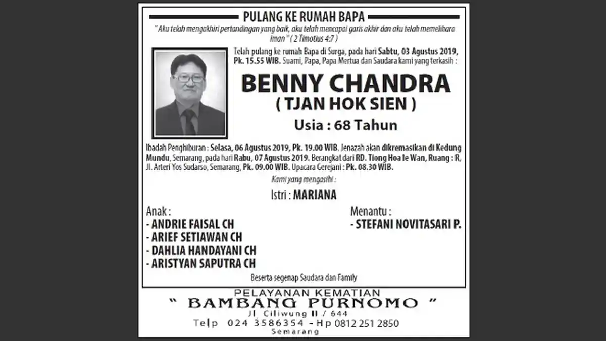 Berita Duka, Benny Chandra (Tjan Hok Sien) Meninggal Dunia di Semarang