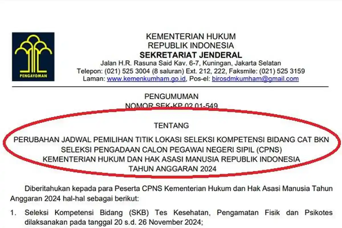 Pengumuman Terbaru CPNS Kemenkumham 2024! Perubahan Jadwal Pemilihan Titik Lokasi SKB CAT BKN