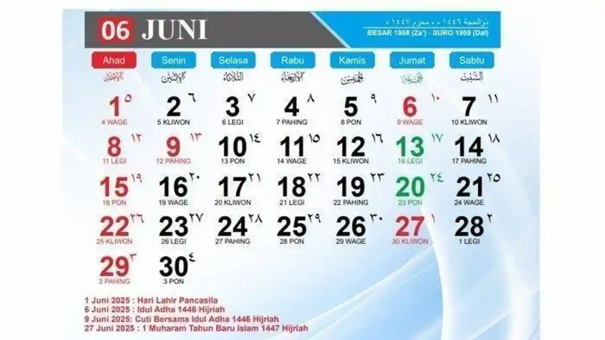 Kalender Juni 2025 Lengkap Penanggalan Weton Jawa, Berapa Sisa Tanggal Merah Bulan Ini?