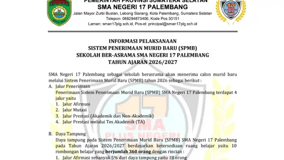 Link, Jadwal dan Tata Cara Pendaftaran SPMB SMA 17 Palembang 2026/2027, Kuota 360 Siswa