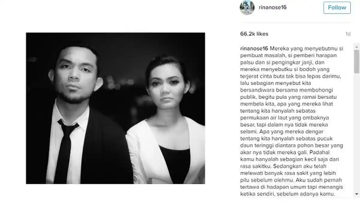 Pajang Foto Bersama Sang Mantan, Rina Nose: Kamu Hanyalah Sebagian Kecil Saja Dari Rasa Sakitku