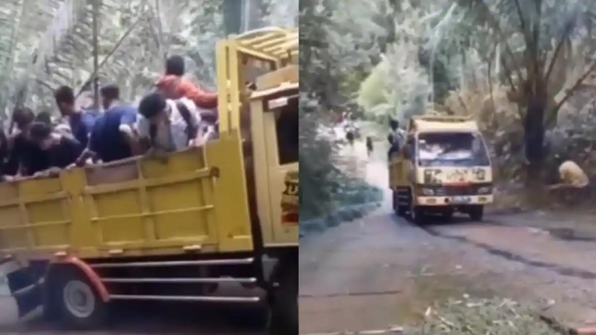 Viral Detik-detik Truk yang Tak Kuat Menanjak Terguling saat Angkut Puluhan Pelajar