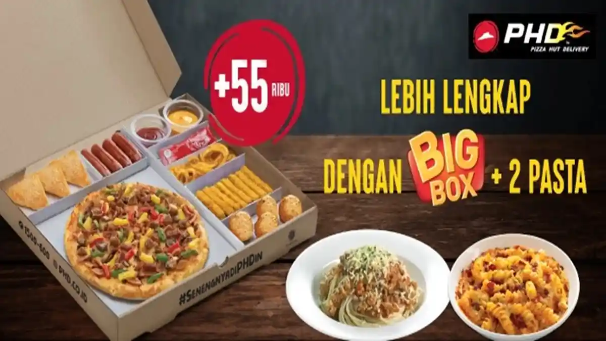 Promo Pizza Hut Big Box Plus Tambah Rp55 Ribu Dapat  Satu Pizza dan Lima Varian Snack Plus Dua Pasta