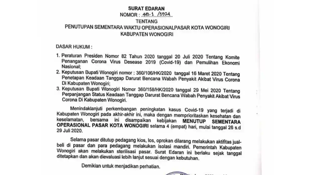 Buntut 1 Pasien Positif Covid-19 Sering Berkunjung, Pasar Kota Wonogiri Ditutup  4 Hari, Mulai Besok