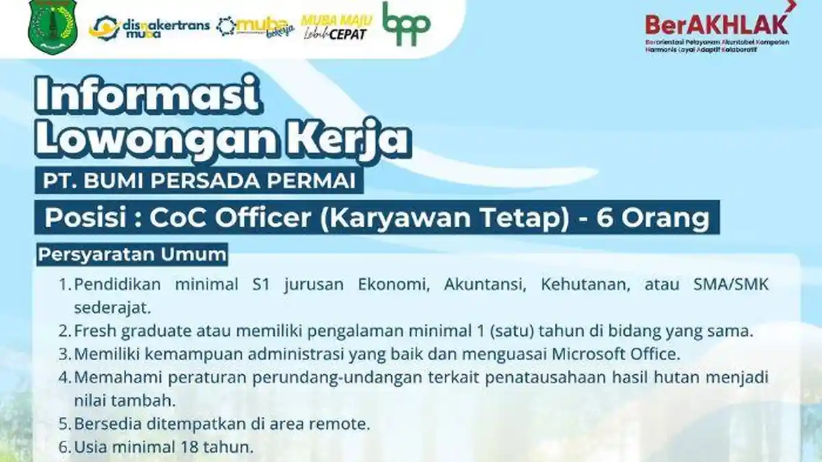 Disnakertrans Muba Gandeng PT Bumi Persada Permai Buka 6 Lowongan Kerja, Berikut Syarat Lengkapnya - Tribunsumsel.com