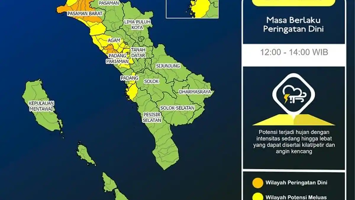 Peringatan Dini Cuaca Sumbar Selasa Siang Ini, Hujan Lebat Berpotensi di 10 Wilayah