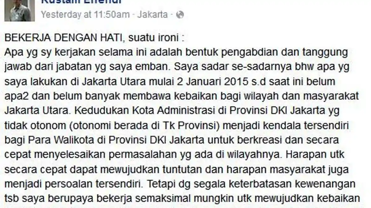 Dituduh Bersekutu dengan Yusril, Wali Kota Jakarta Utara Curhat di Facebook