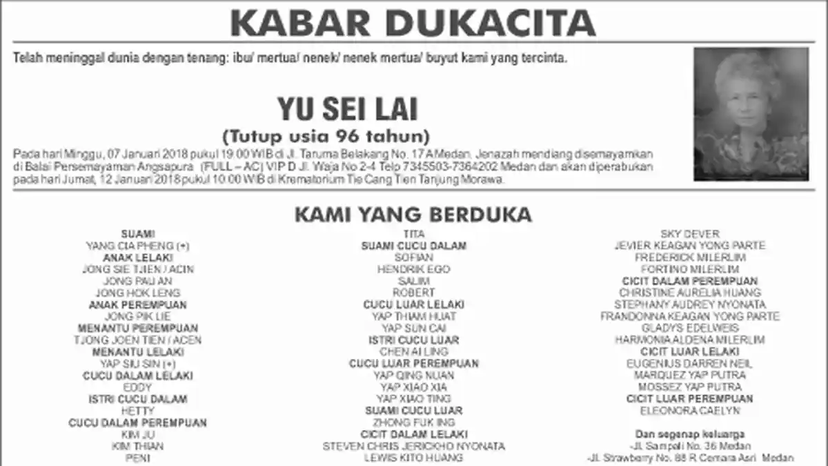 BERITA DUKACITA: Telah Meninggal dengan Tenang Yu Sei Lai