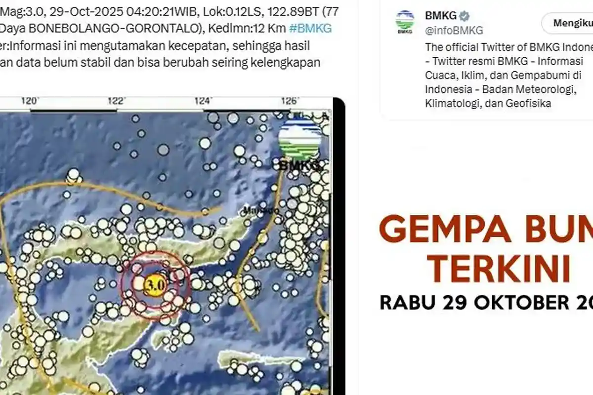 Gempa Bumi Terkini di Gorontalo Rabu 29 Oktober 2025, Berikut Info BMKG