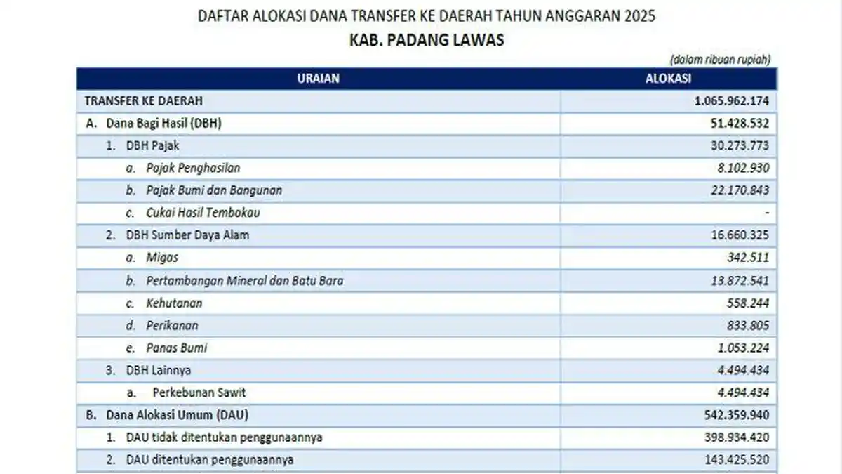Daftar Lengkap Dana Transfer ke Daerah 2025 Padang Lawas, Sumatera Utara Rp1 Triliun