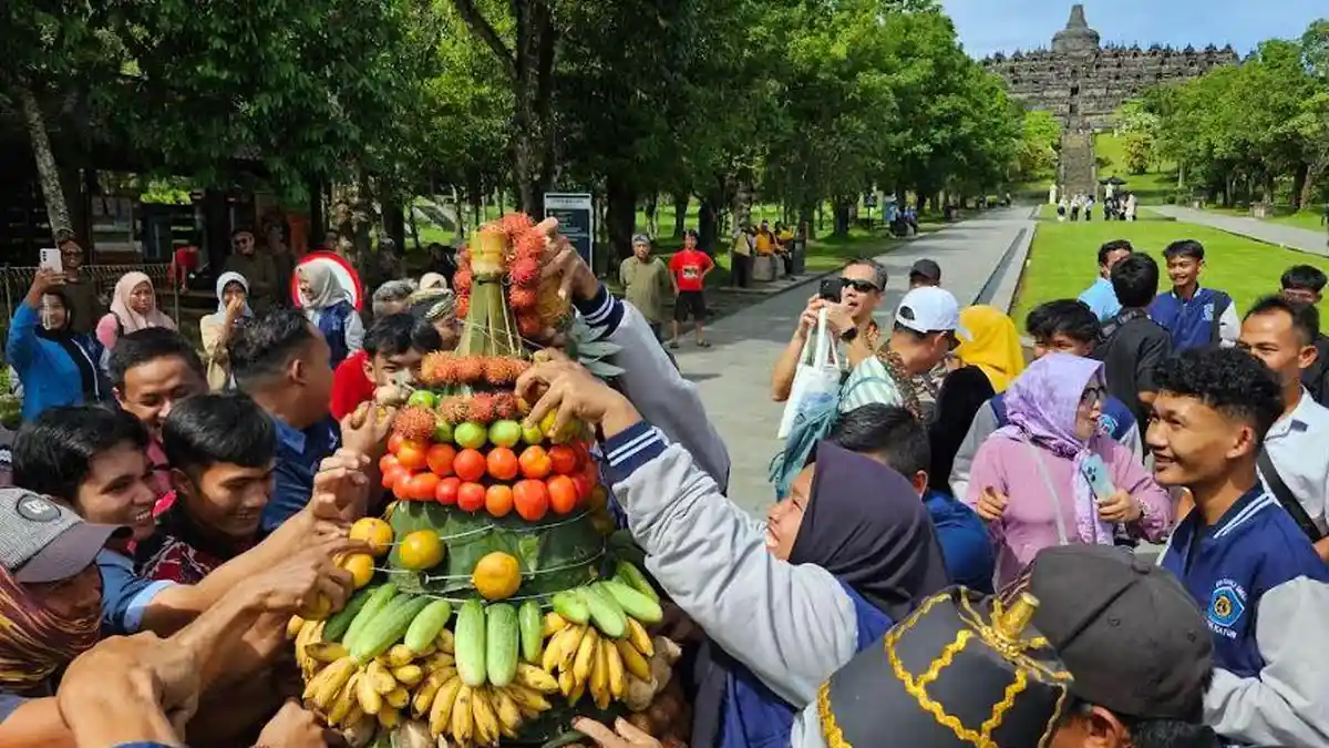 Ketika Turis Asing Ikut Arak-Arakan Bregodo dan Berebut Gunungan di Candi Borobudur