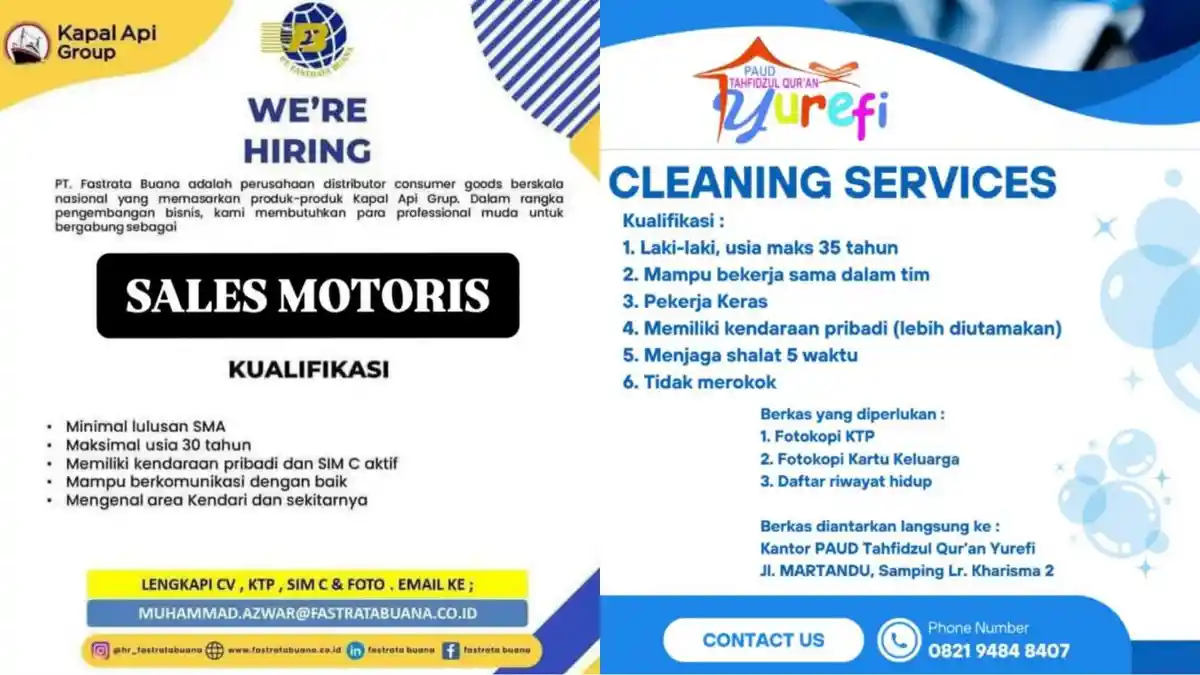 Lowongan Kerja Kendari PT Fastrata Buana Buka Loker Sales dan PAUD Yurefi Butuh Cleaning Service