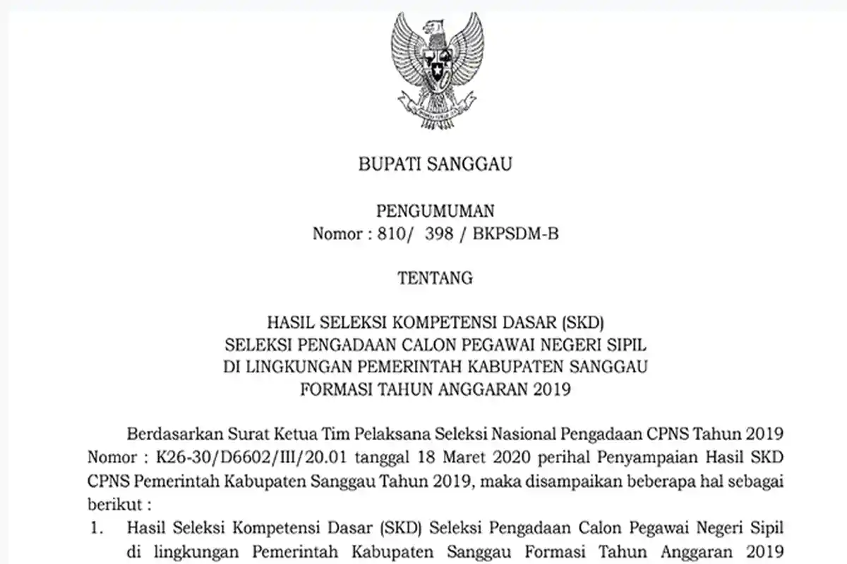 Pengumuman Hasil SKD CPNS 2019 Pemkab Sanggau Kalbar, Ternyata Bisa Dipantau di ssscn.bkn.go.id