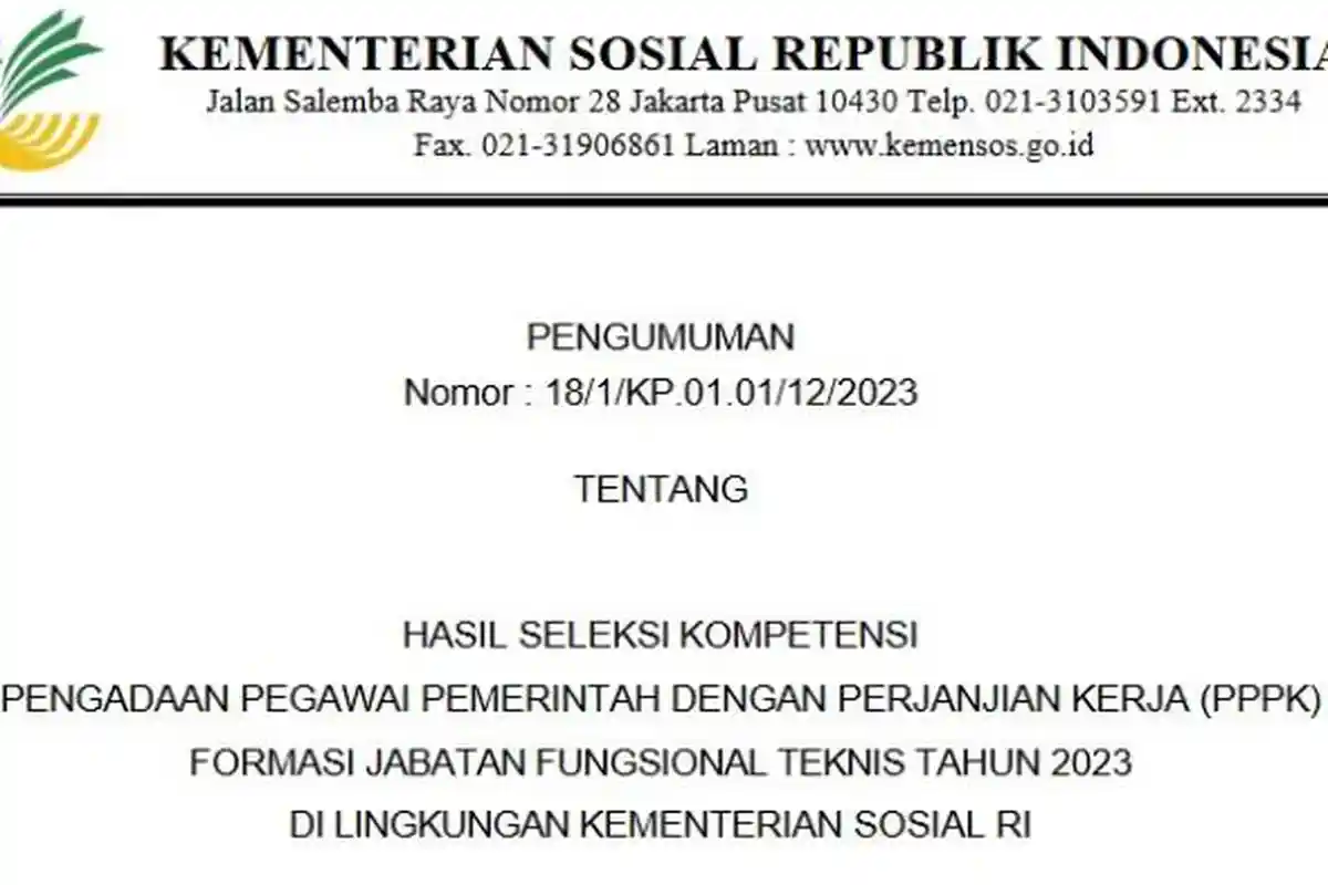 Link Pengumuman Hasil Seleksi Kompetensi PPPK Teknis Kemensos 2023