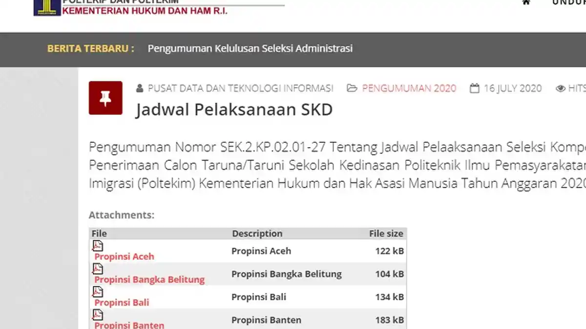 LINK Tes SKD Poltekip dan Poltekim 2020 di http://catar.kemenkumham.go.id, Cek Jadwal & Lokasinya