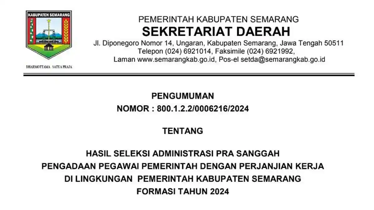 Link Download PDF Hasil Seleksi Administrasi PPPK 2024 Pemkab Semarang, Selamat 964 Peserta MS!