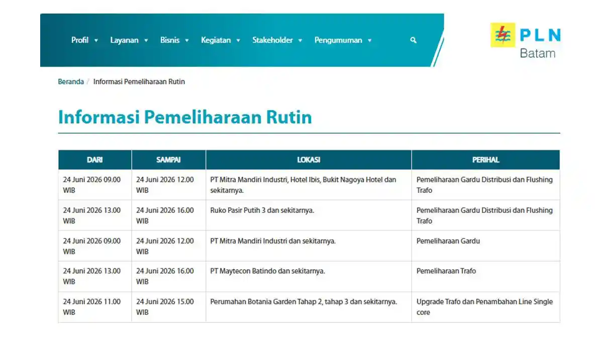Jadwal Pemeliharaan Rutin PLN Batam, Rabu 24 Juni 2026, Antara Pukul 09.00 Sampai 16.00 WIB - Tribunbatam.id