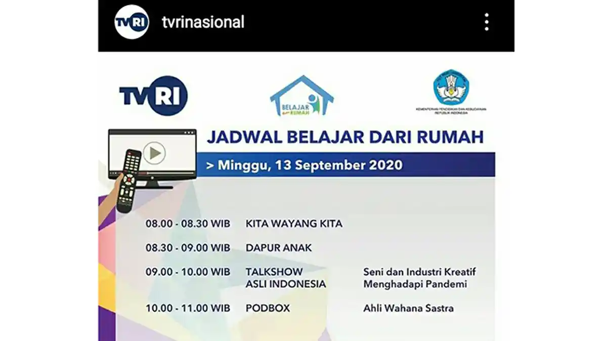 Jadwal Belajar dari Rumah Minggu 13 September 2020, Ada 'Kita Wayang Kita' Hingga Dapur Anak