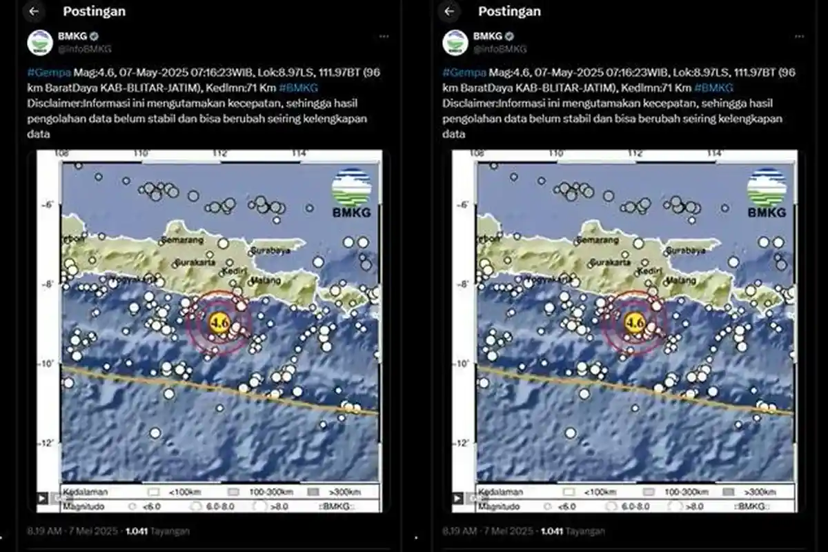 Blitar Jawa Timur Diguncang Gempa Magnitudo 4.6, Cek Pusat Gempa Terkini 2 Menit yang Lalu via BMKG
