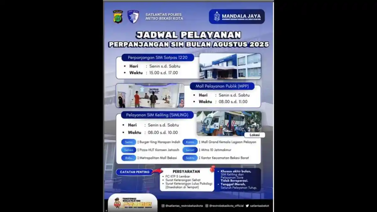 SIM Keliling Kota Bekasi, Selasa 19 Agustus 2025, Cek Lokasinya