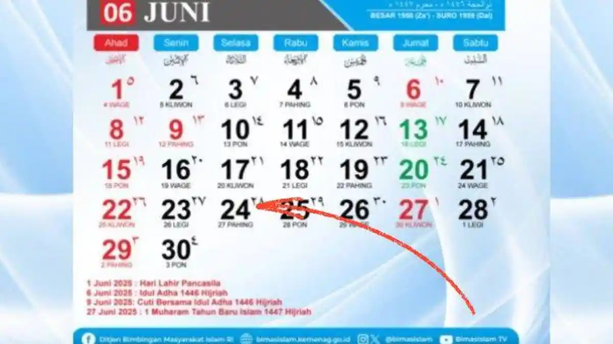 Kalender Juni 2025 : Tanggal 24 Juni Memperingati Hari Apa, Lengkap dengan Jadwal Libur Long Weekend