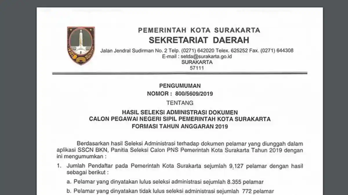 Daftar Nama Peserta Lolos Seleksi Administrasi CPNS Pemkot Surakarta 2019, Unduh di Sini