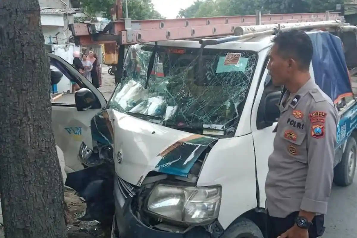 Sopir Tak Konsentrasi, Mobil Pikap PLN Tabrak Pohon di Gresik, 1 Orang Tewas di TKP