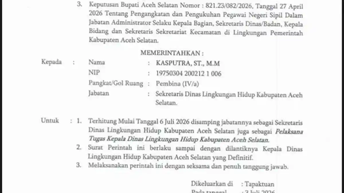 T. Masrizar Dilantik Sebagai Staf Ahli, Kasputra Ditunjuk Sebagai Plt Kepala DLH Aceh Selatan - Serambinews.com
