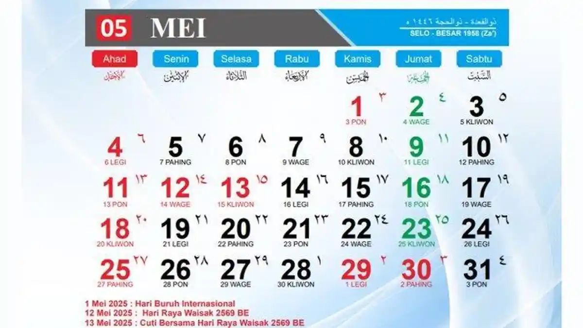 Kalender Mei 2025: Link Download dan Jadwal Libur Nasional serta Cuti Bersama