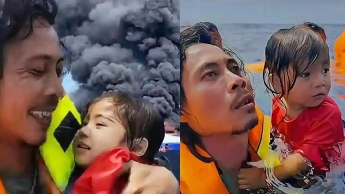 Viral! Aksi Heroik Seorang Pria Selamatkan Balita Saat KM Barcelona Terbakar di Laut Talise