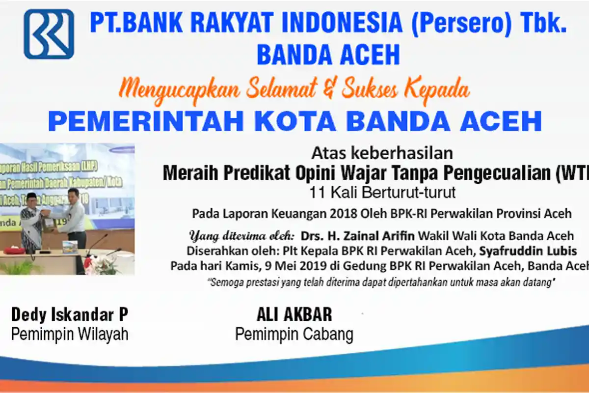Ucapan Selamat dari BRI Cabang Banda Aceh atas Keberhasilan Meraih Predikat WTP ke 11 kali