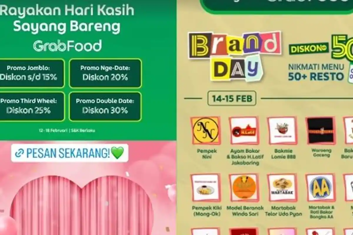 13 Kode Promo Grab Hari Ini 15 Februari 2024, Diskon GrabFood 30 s/d 50 Persen, Grabbike Rp 9 ribu