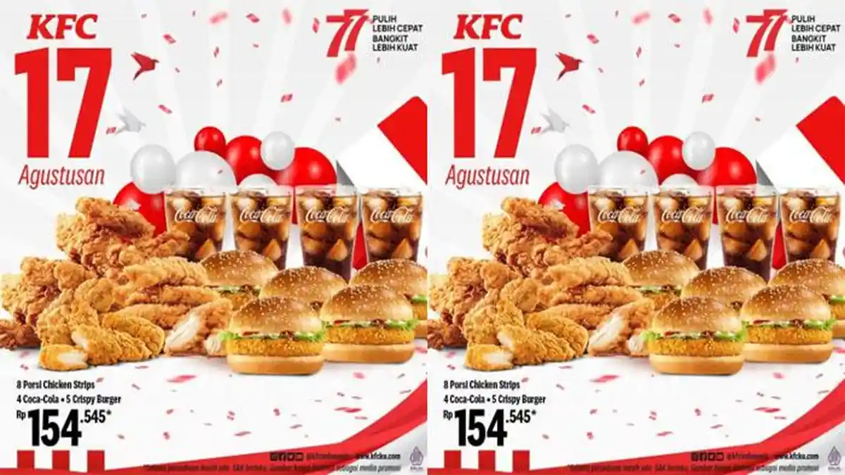 Promo KFC Spesial 17 Agustus 2022, 3 Porsi Chicken Strips 4 Coca-Cola 5 Crispy Burger Rp 154 Ribuan