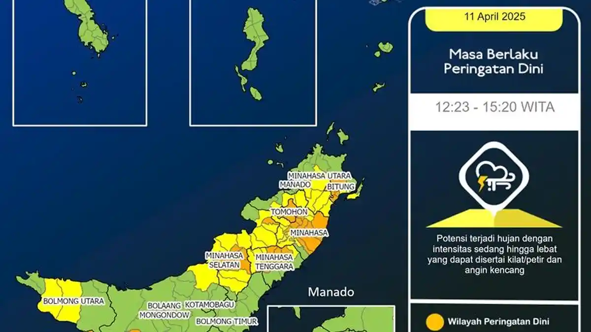 Peringatan Dini Cuaca Sulut Jumat 11 April 2025, Daftar Wilayah Potensi Hujan Siang hingga Sore Hari