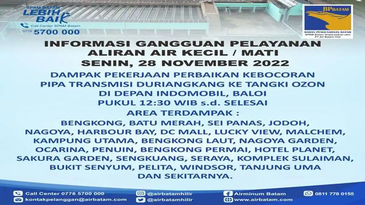 INI Penyebab Suplai Air SPAM Batam ke Bengkong hingga Nagoya Mati Total
