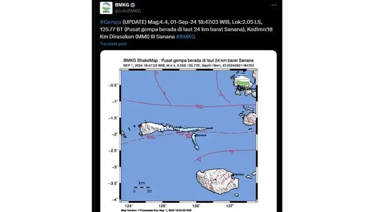 Gempa M 4,4 Guncang Sanana Maluku Malam Ini